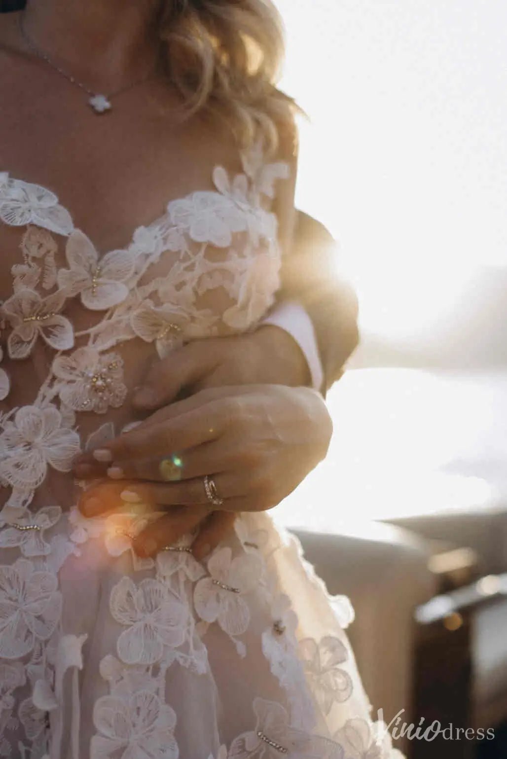 Romantic Floral Lace Wedding Dress with Illusion Bodice & Spaghetti Straps – VW2523-wedding dresses 2025 -Viniodress-Ivory-Custom Size-