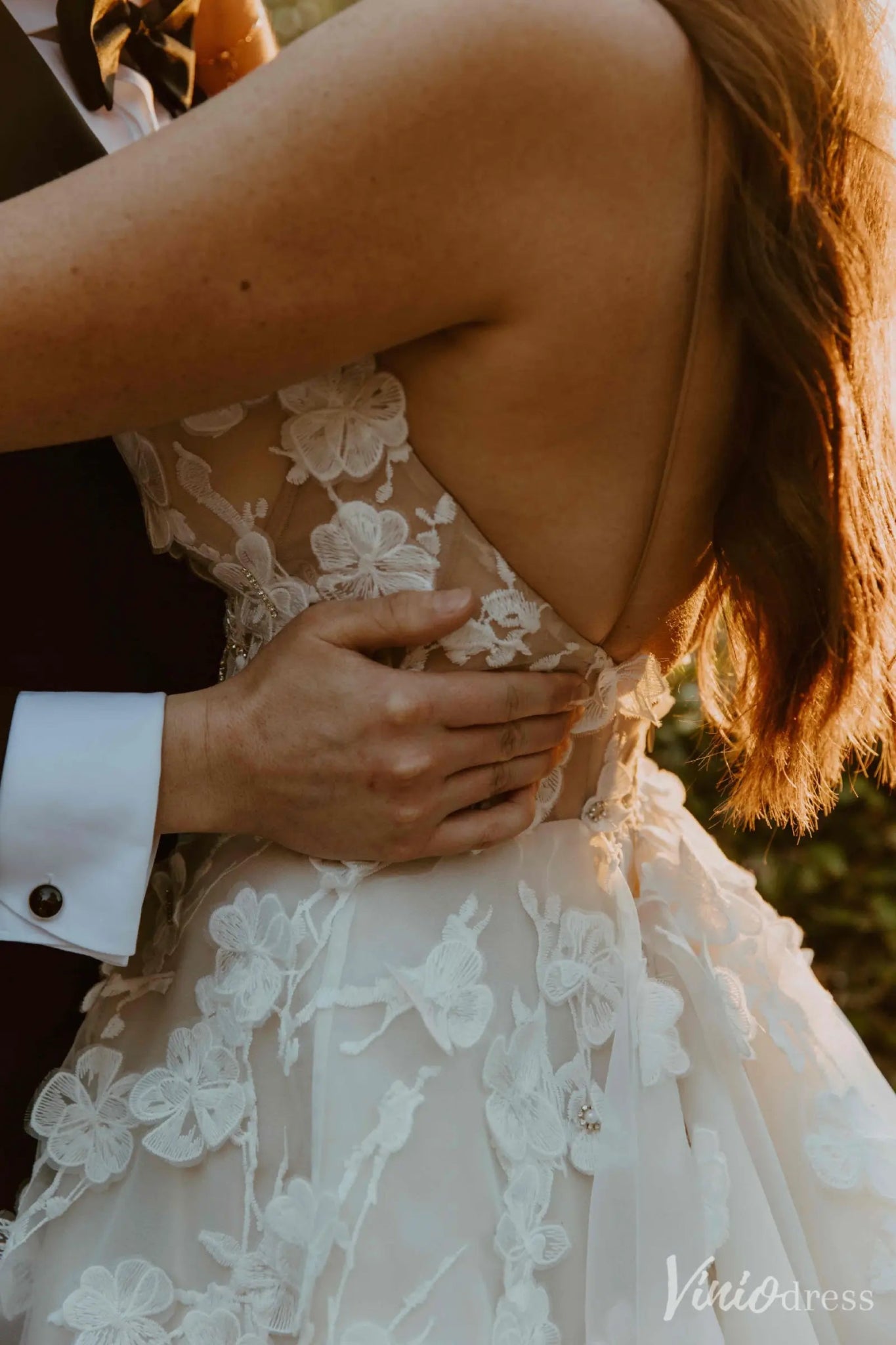 Romantic Floral Lace Wedding Dress with Illusion Bodice & Spaghetti Straps – VW2523-wedding dresses 2025 -Viniodress-Ivory-Custom Size-