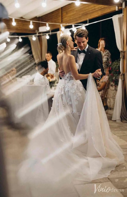 Romantic Floral Lace Wedding Dress with Illusion Bodice & Spaghetti Straps – VW2523-wedding dresses 2025 -Viniodress-Ivory-Custom Size-