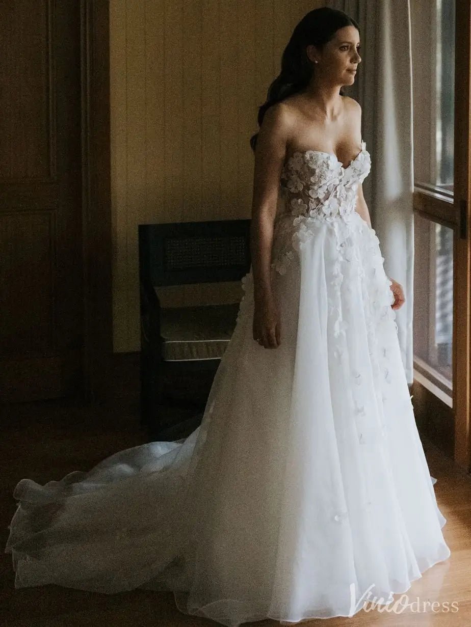 Romantic Floral Lace Wedding Dress with Illusion Bodice & Spaghetti Straps – VW2523-wedding dresses 2025 -Viniodress-Ivory-Custom Size-