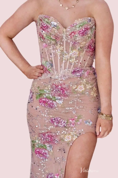 Romantic Floral Sequin Prom Dress with Sheer Corset Bodice and High Slit – LP056-Prom Dresses 2026-Viniodress-Pink-Custom Size – Add Measurements in Cart-