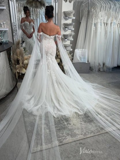 Romantic Ivory 3D Floral Lace Mermaid Wedding Dress with Cape Sleeve, Sweetheart Neckline & Chapel Train – ML169-wedding dresses 2026-Viniodress-Ivory-Custom Size-