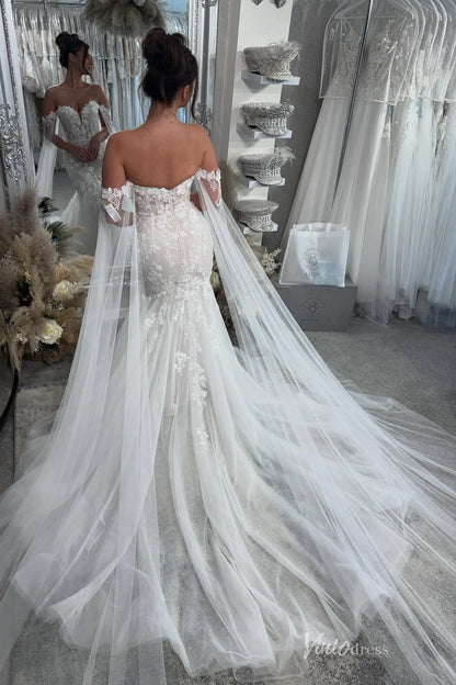 Romantic Ivory 3D Floral Lace Mermaid Wedding Dress with Cape Sleeve, Sweetheart Neckline & Chapel Train – ML169-wedding dresses 2026-Viniodress-Ivory-Custom Size-