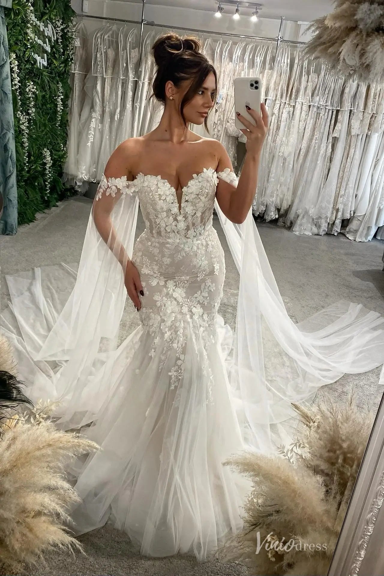 Romantic Ivory 3D Floral Lace Mermaid Wedding Dress with Cape Sleeve, Sweetheart Neckline & Chapel Train – ML169