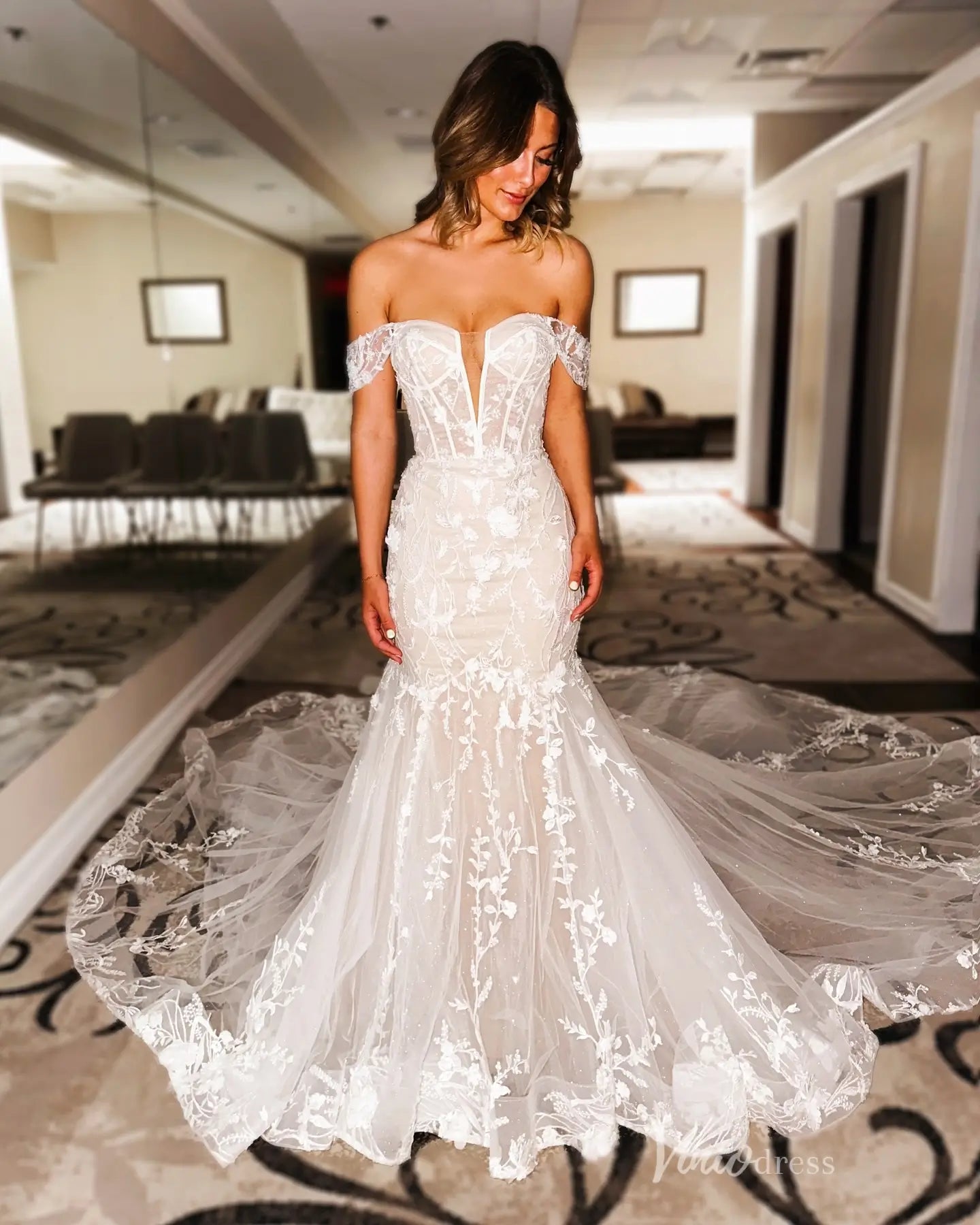 Romantic Ivory 3D Floral Lace Mermaid Wedding Dress with Off-Shoulder Sweetheart Neckline & Chapel Train – ML172