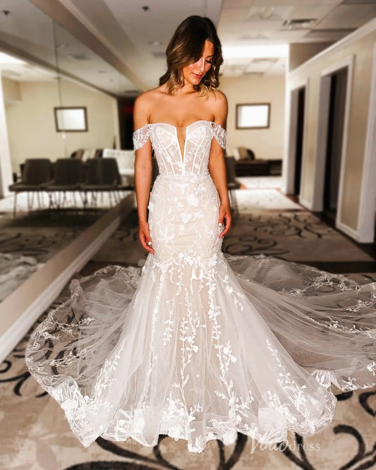 Romantic Ivory 3D Floral Lace Mermaid Wedding Dress with Off-Shoulder Sweetheart Neckline & Chapel Train – ML172