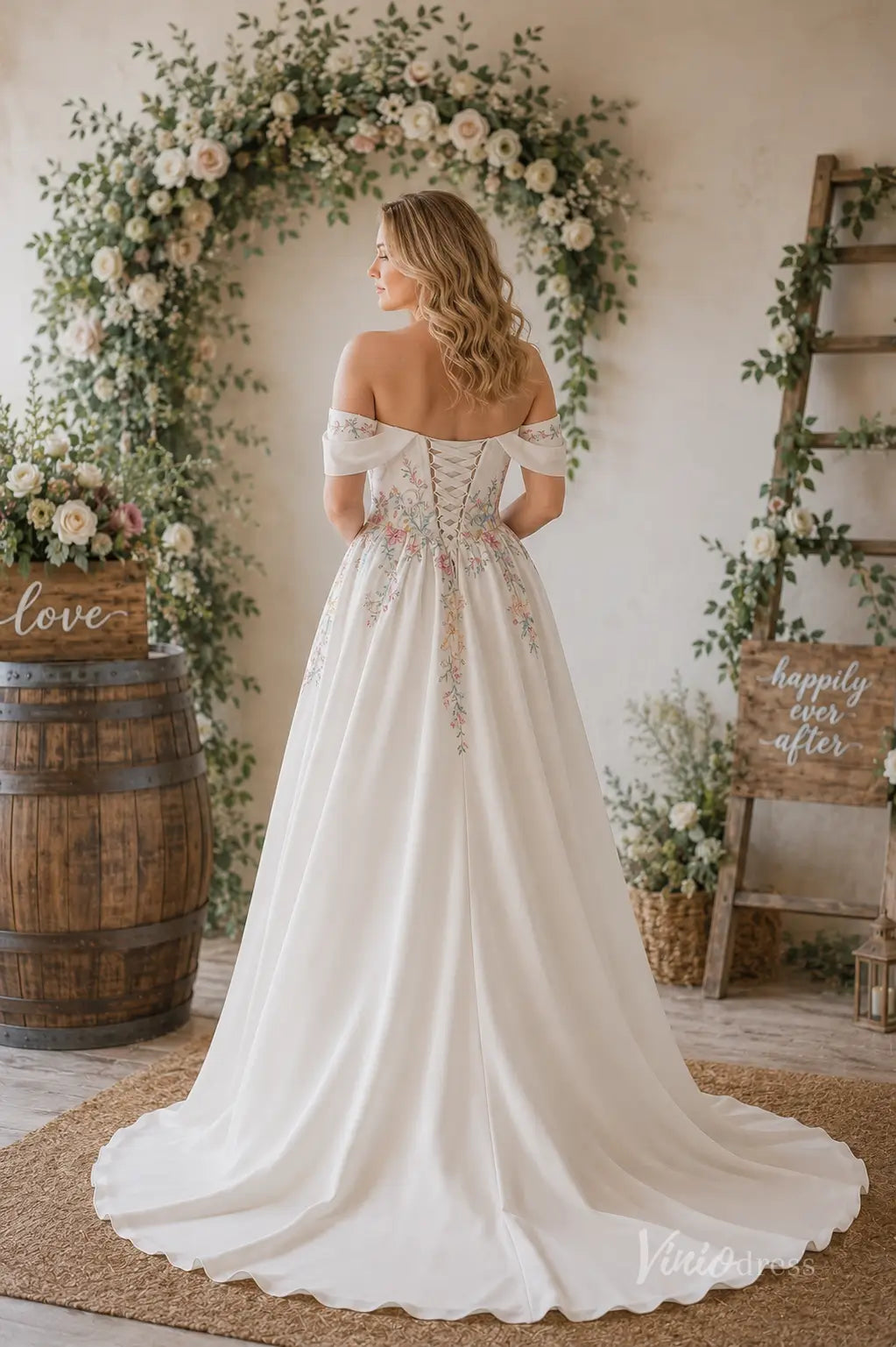 Romantic Ivory Beaded Blossom Wedding Dress with Off-Shoulder Sleeves, High Slit & Chapel Train - FW293-wedding dresses 2026-Viniodress-Ivory-Custom Size – Add Measurements in Cart-
