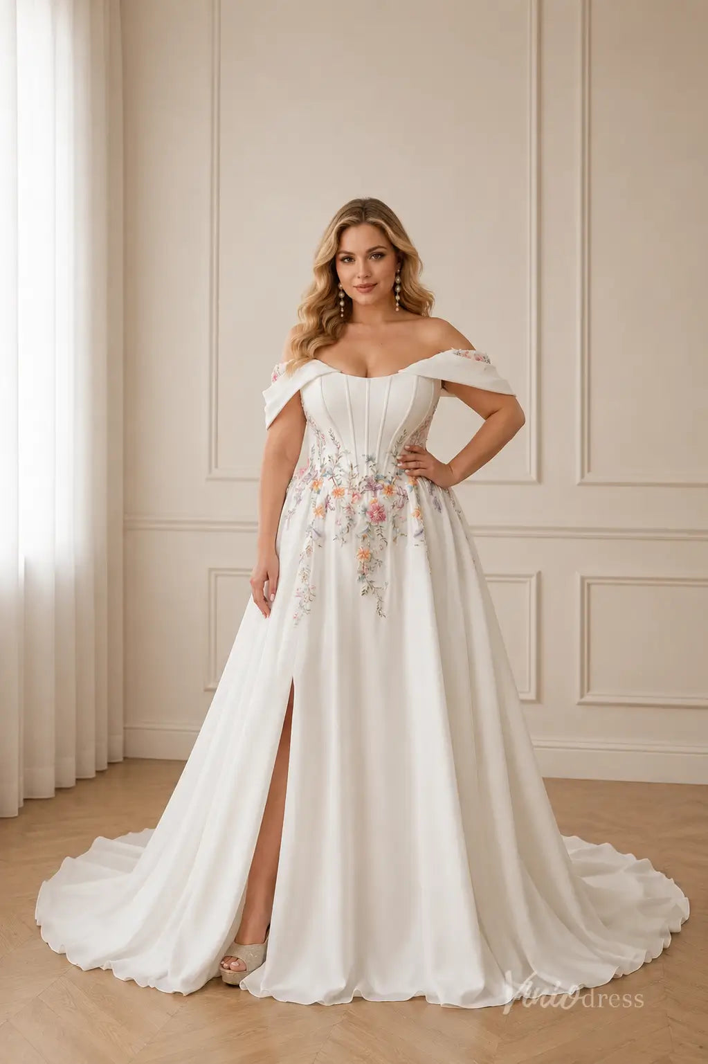 Romantic Ivory Beaded Blossom Wedding Dress with Off-Shoulder Sleeves, High Slit & Chapel Train - FW293-wedding dresses 2026-Viniodress-Ivory-Custom Size – Add Measurements in Cart-