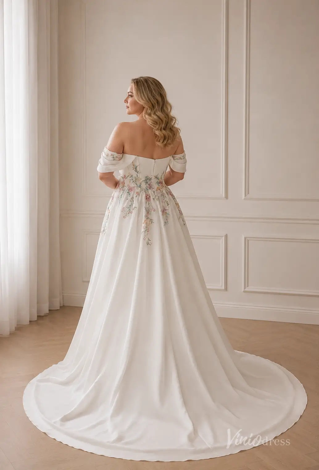Romantic Ivory Beaded Blossom Wedding Dress with Off-Shoulder Sleeves, High Slit & Chapel Train - FW293-wedding dresses 2026-Viniodress-Ivory-Custom Size – Add Measurements in Cart-