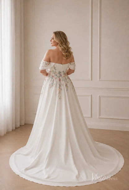Romantic Ivory Beaded Blossom Wedding Dress with Off-Shoulder Sleeves, High Slit & Chapel Train - FW293-wedding dresses 2026-Viniodress-Ivory-Custom Size – Add Measurements in Cart-