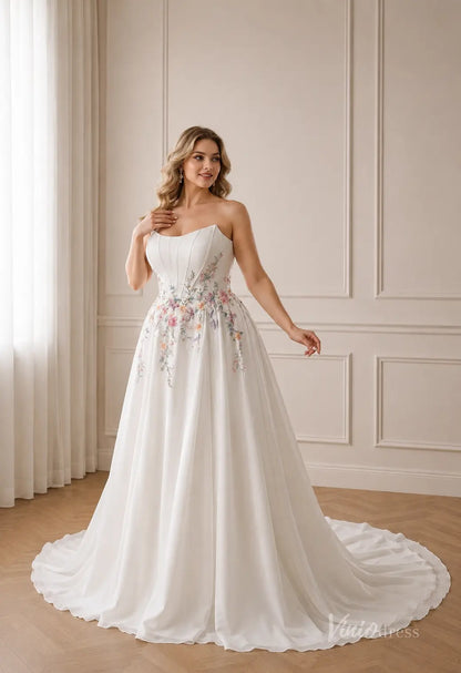 Romantic Ivory Beaded Blossom Wedding Dress with Off-Shoulder Sleeves, High Slit & Chapel Train - FW293-wedding dresses 2026-Viniodress-Ivory-Custom Size – Add Measurements in Cart-