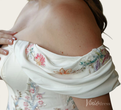Romantic Ivory Beaded Blossom Wedding Dress with Off-Shoulder Sleeves, High Slit & Chapel Train - FW293-wedding dresses 2026-Viniodress-Ivory-Custom Size – Add Measurements in Cart-