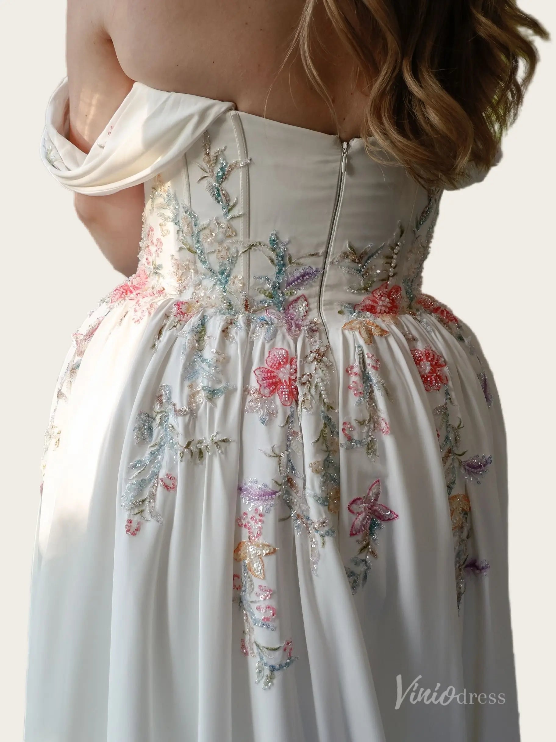 Romantic Ivory Beaded Blossom Wedding Dress with Off-Shoulder Sleeves, High Slit & Chapel Train - FW293-wedding dresses 2026-Viniodress-Ivory-Custom Size – Add Measurements in Cart-