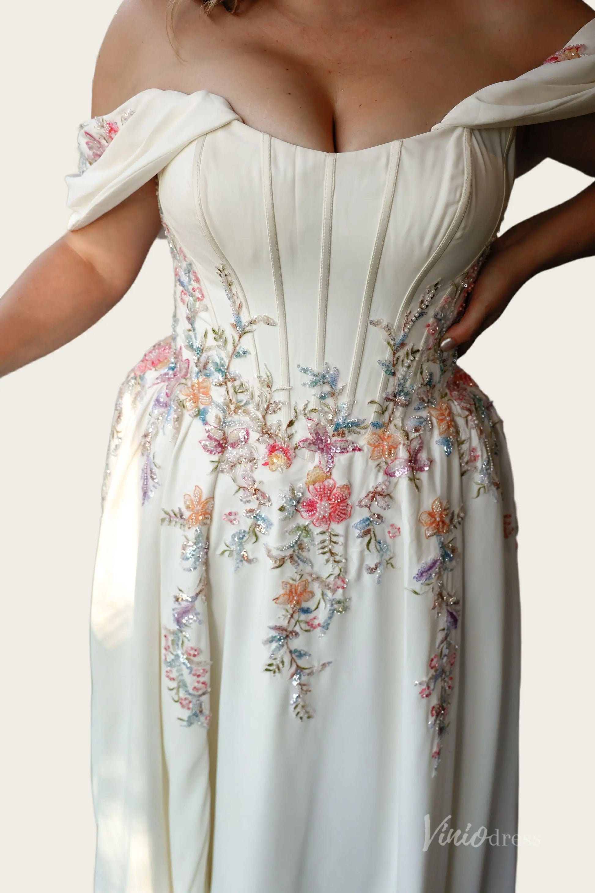 Romantic Ivory Beaded Blossom Wedding Dress with Off-Shoulder Sleeves, High Slit & Chapel Train - FW293-wedding dresses 2026-Viniodress-Ivory-Custom Size – Add Measurements in Cart-