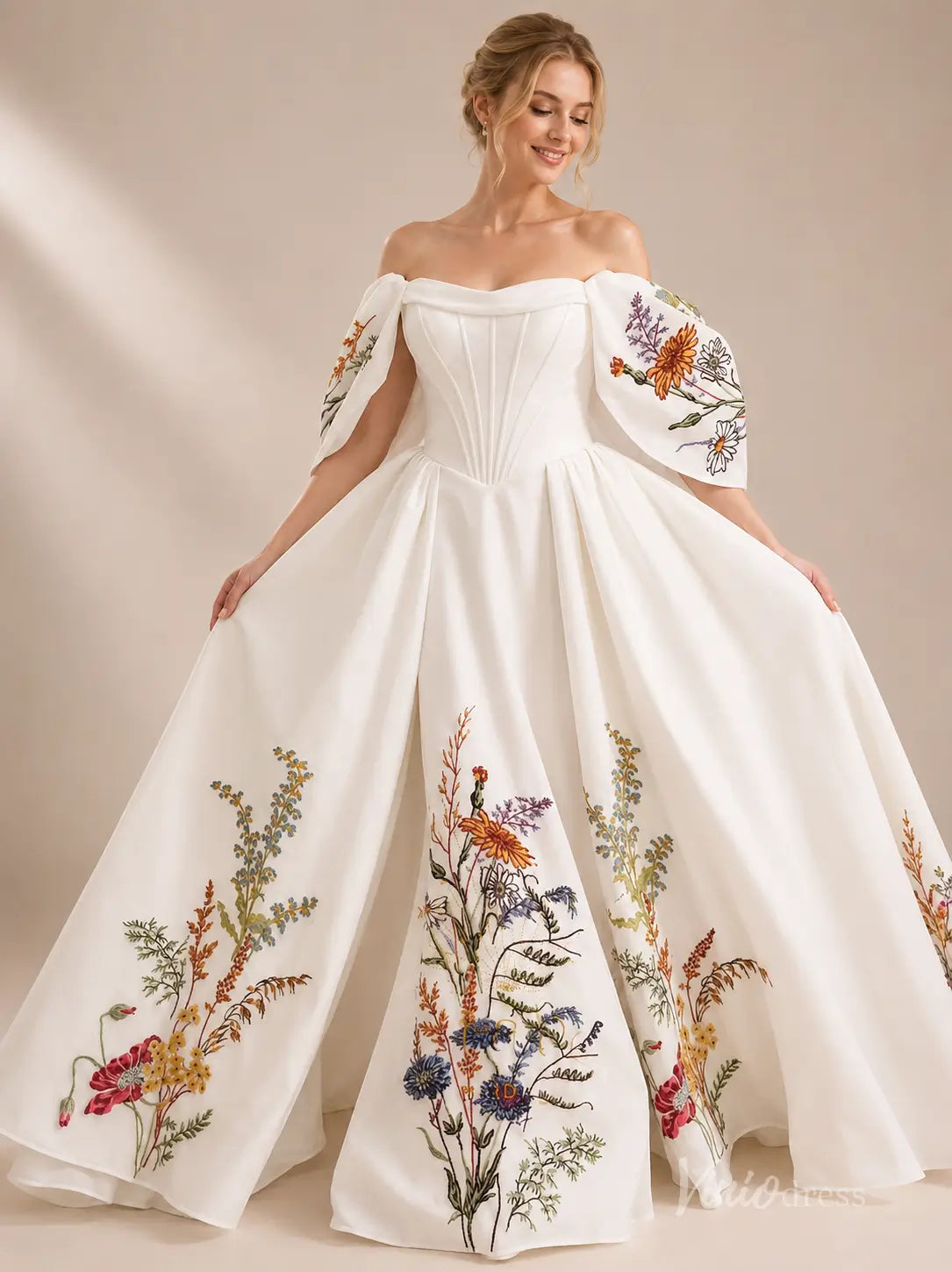 Romantic Ivory Botanical Wedding Dress with Off-Shoulder Puff Sleeves, Corset Bodice & Chapel Train - FW287-wedding dresses 2026-Viniodress-Ivory-Custom Size – Add Measurements in Cart-