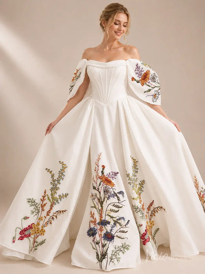 Romantic Ivory Botanical Wedding Dress with Off-Shoulder Puff Sleeves, Corset Bodice & Chapel Train - FW287-wedding dresses 2026-Viniodress-Ivory-Custom Size – Add Measurements in Cart-