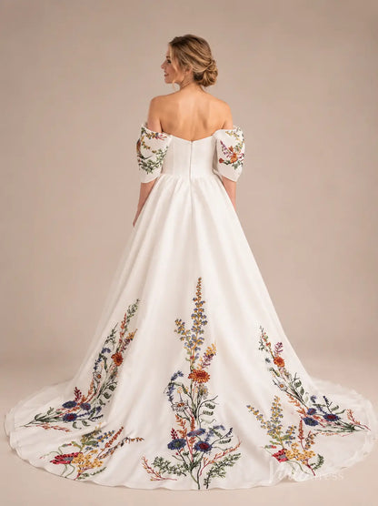 Romantic Ivory Botanical Wedding Dress with Off-Shoulder Puff Sleeves, Corset Bodice & Chapel Train - FW287-wedding dresses 2026-Viniodress-Ivory-Custom Size – Add Measurements in Cart-
