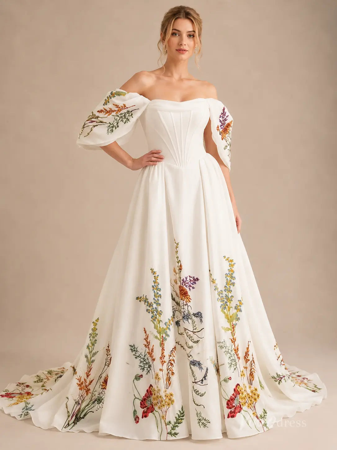 Romantic Ivory Botanical Wedding Dress with Off-Shoulder Puff Sleeves, Corset Bodice & Chapel Train - FW287-wedding dresses 2026-Viniodress-Ivory-Custom Size – Add Measurements in Cart-