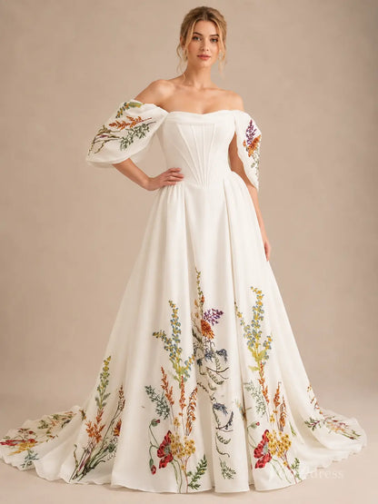 Romantic Ivory Botanical Wedding Dress with Off-Shoulder Puff Sleeves, Corset Bodice & Chapel Train - FW287-wedding dresses 2026-Viniodress-Ivory-Custom Size – Add Measurements in Cart-