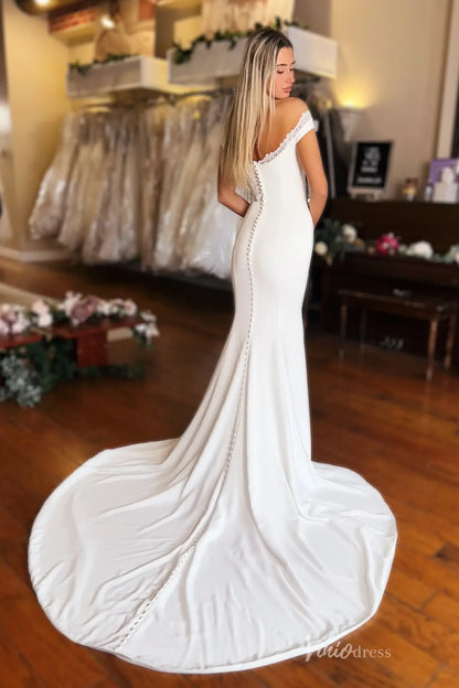 Romantic Ivory Crepe Mermaid Wedding Dress with Off-the-Shoulder Lace Neckline, High Slit & Chapel Train – MN144