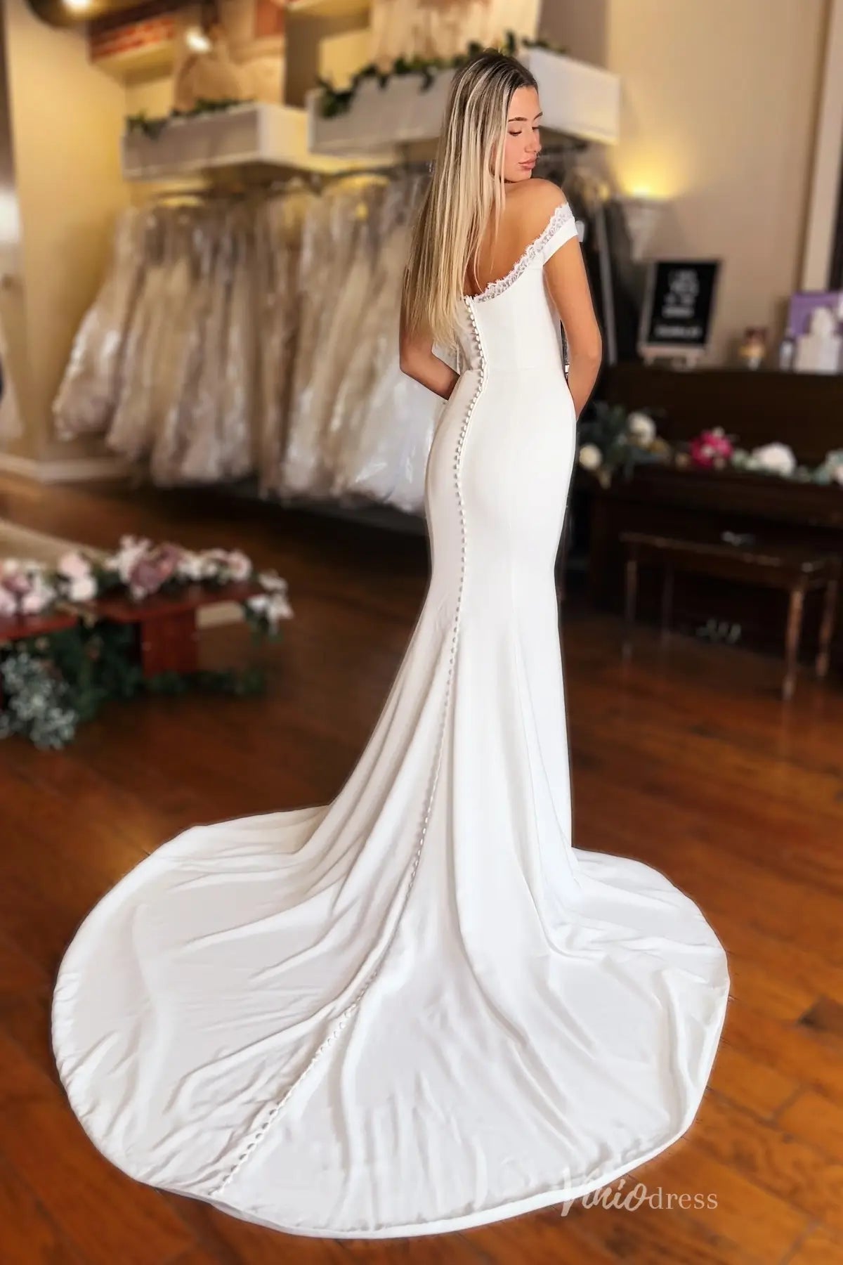Romantic Ivory Crepe Mermaid Wedding Dress with Off-the-Shoulder Lace Neckline, High Slit & Chapel Train – MN144
