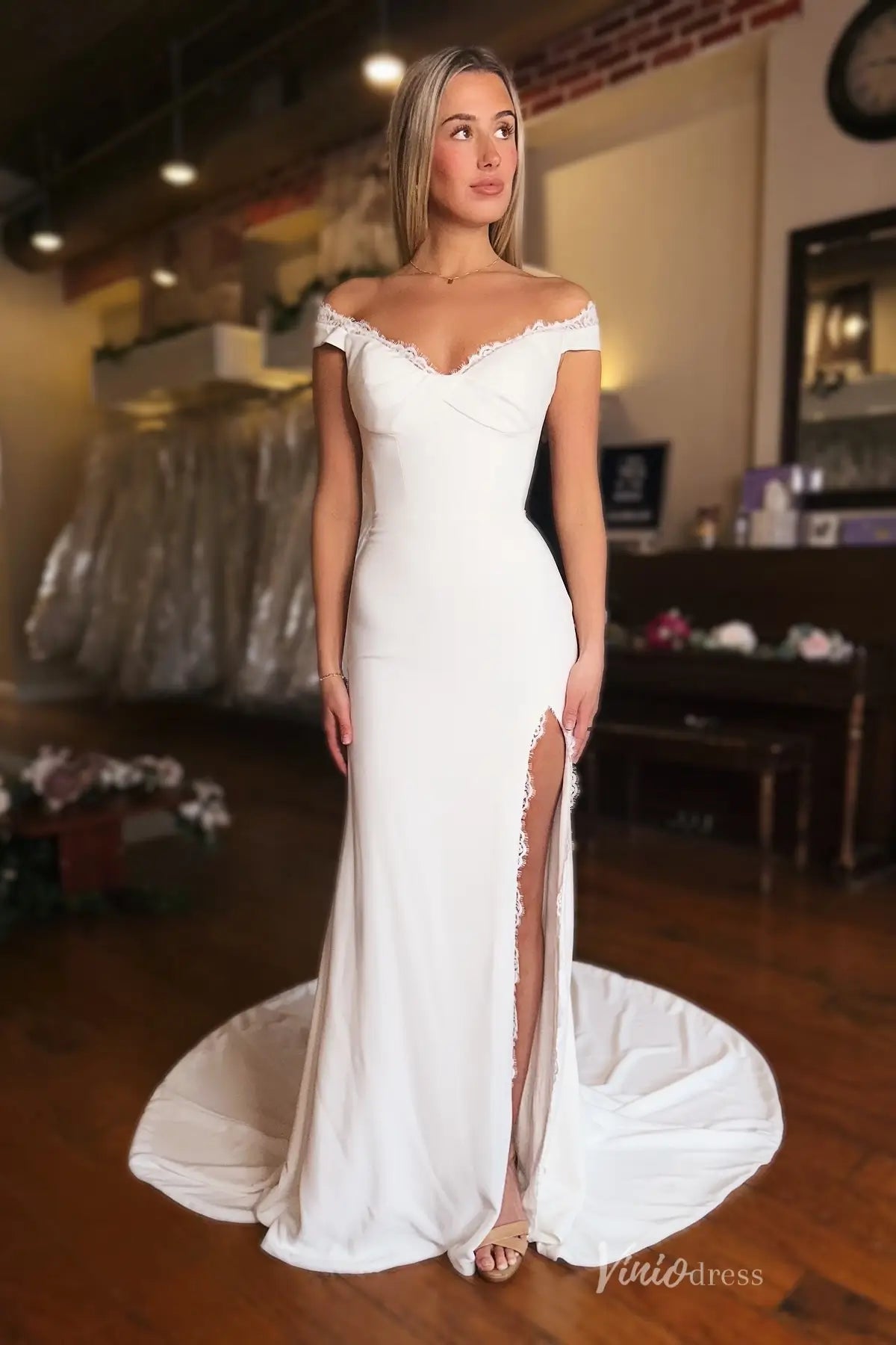 Romantic Ivory Crepe Mermaid Wedding Dress with Off-the-Shoulder Lace Neckline, High Slit & Chapel Train – MN144