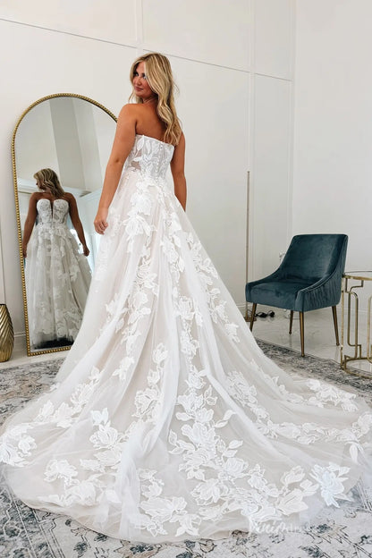 Romantic Ivory Floral Appliqué A-Line Wedding Dress with Sweetheart Corset Bodice, Sheer Lace Insets & Optional Puffy Sleeves – LA149-wedding dresses 2026-Viniodress-Ivory-Custom Size-Dress Only