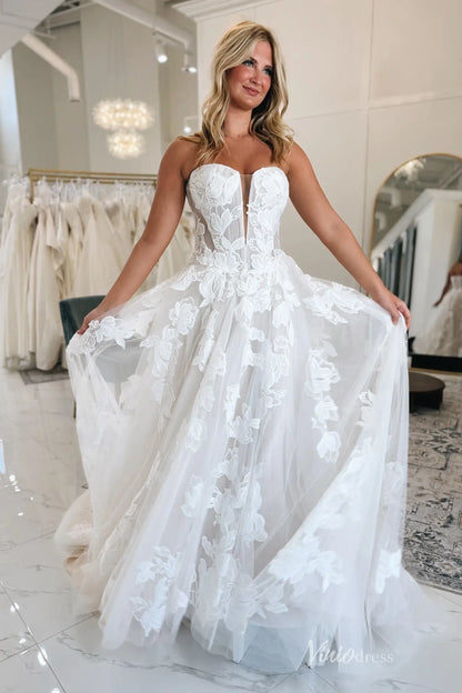 Romantic Ivory Floral Appliqué A-Line Wedding Dress with Sweetheart Corset Bodice, Sheer Lace Insets & Optional Puffy Sleeves – LA149-wedding dresses 2026-Viniodress-Ivory-Custom Size-Dress Only