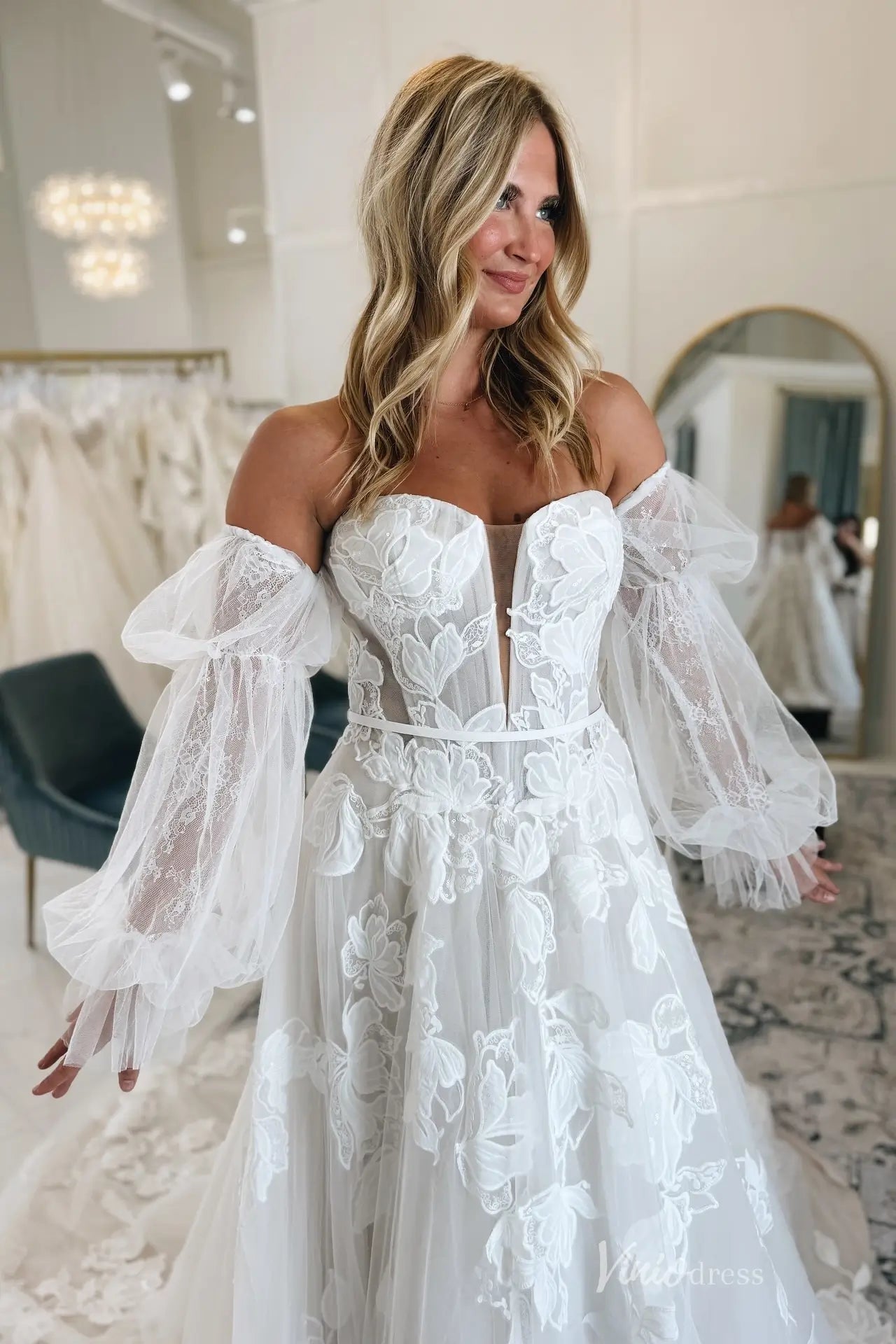 Romantic Ivory Floral Appliqué A-Line Wedding Dress with Sweetheart Corset Bodice, Sheer Lace Insets & Optional Puffy Sleeves – LA149-wedding dresses 2026-Viniodress-Ivory-Custom Size-Dress Only