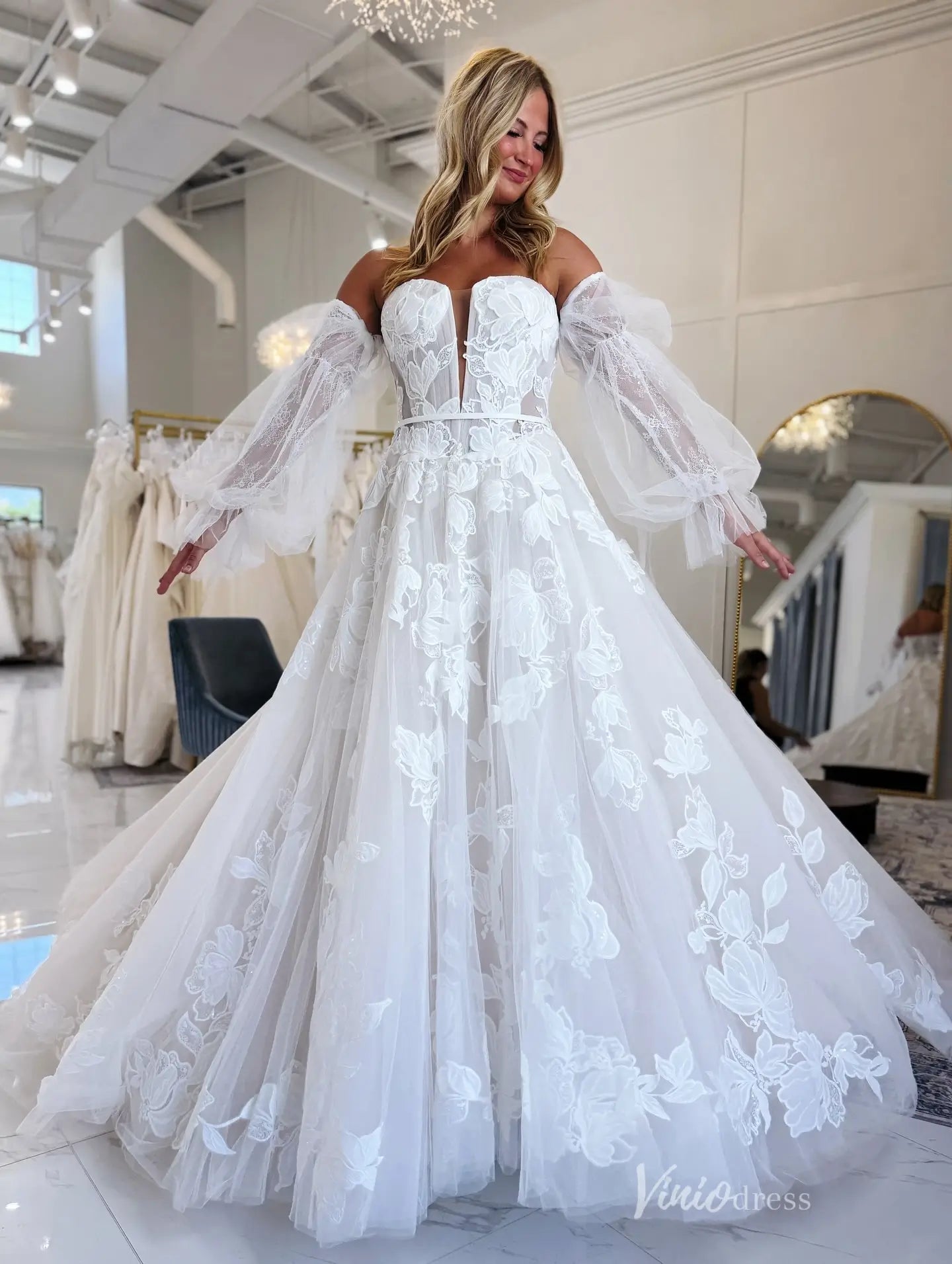 Romantic Ivory Floral Appliqué A-Line Wedding Dress with Sweetheart Corset Bodice, Sheer Lace Insets & Optional Puffy Sleeves – LA149