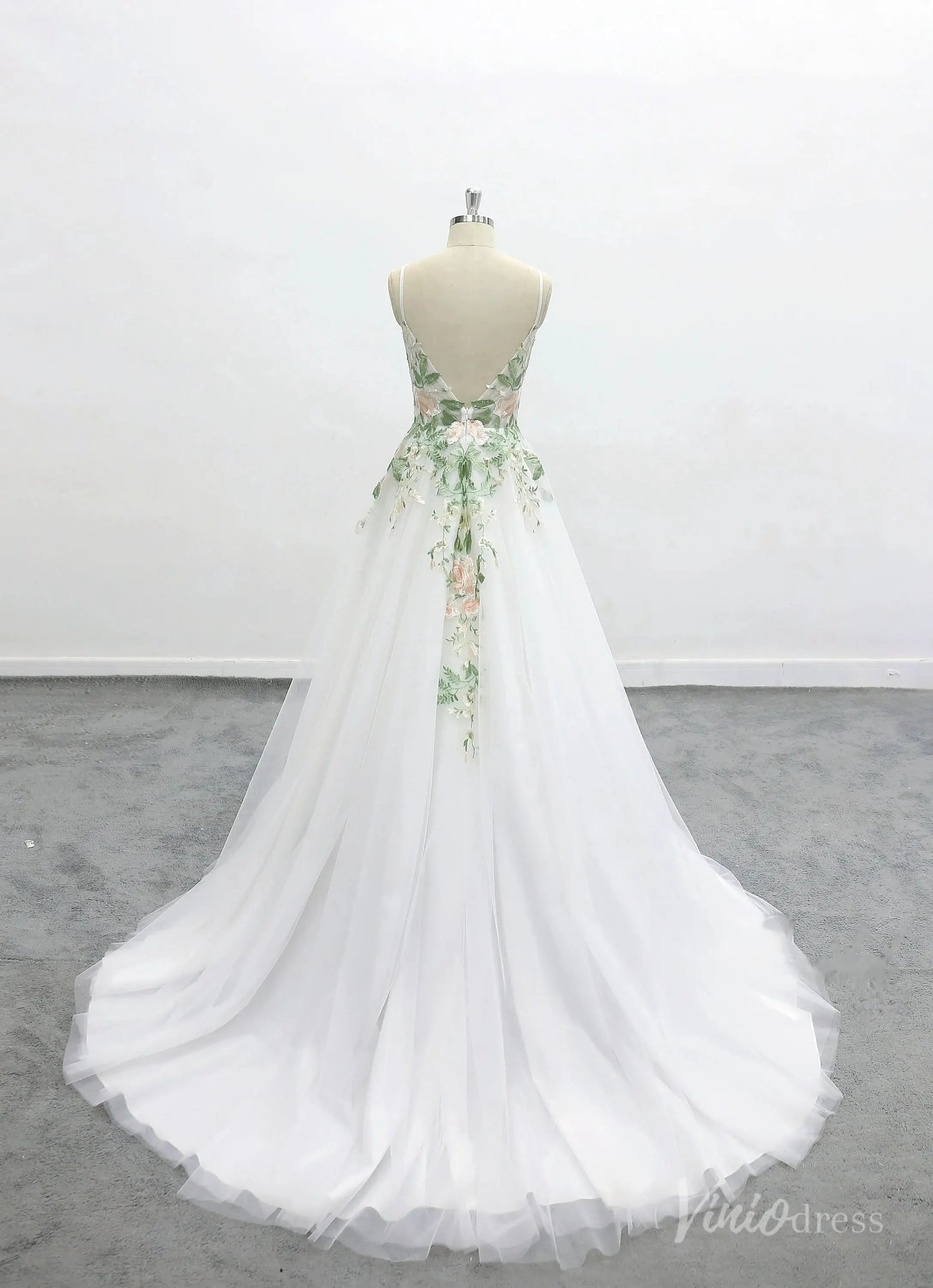 Romantic Ivory Floral Embroidered Wedding Dress with Spaghetti Straps, Sheer Bodice & Tulle A-Line Skirt – FW228-wedding dresses 2025 -Viniodress-Ivory-Custom Size-
