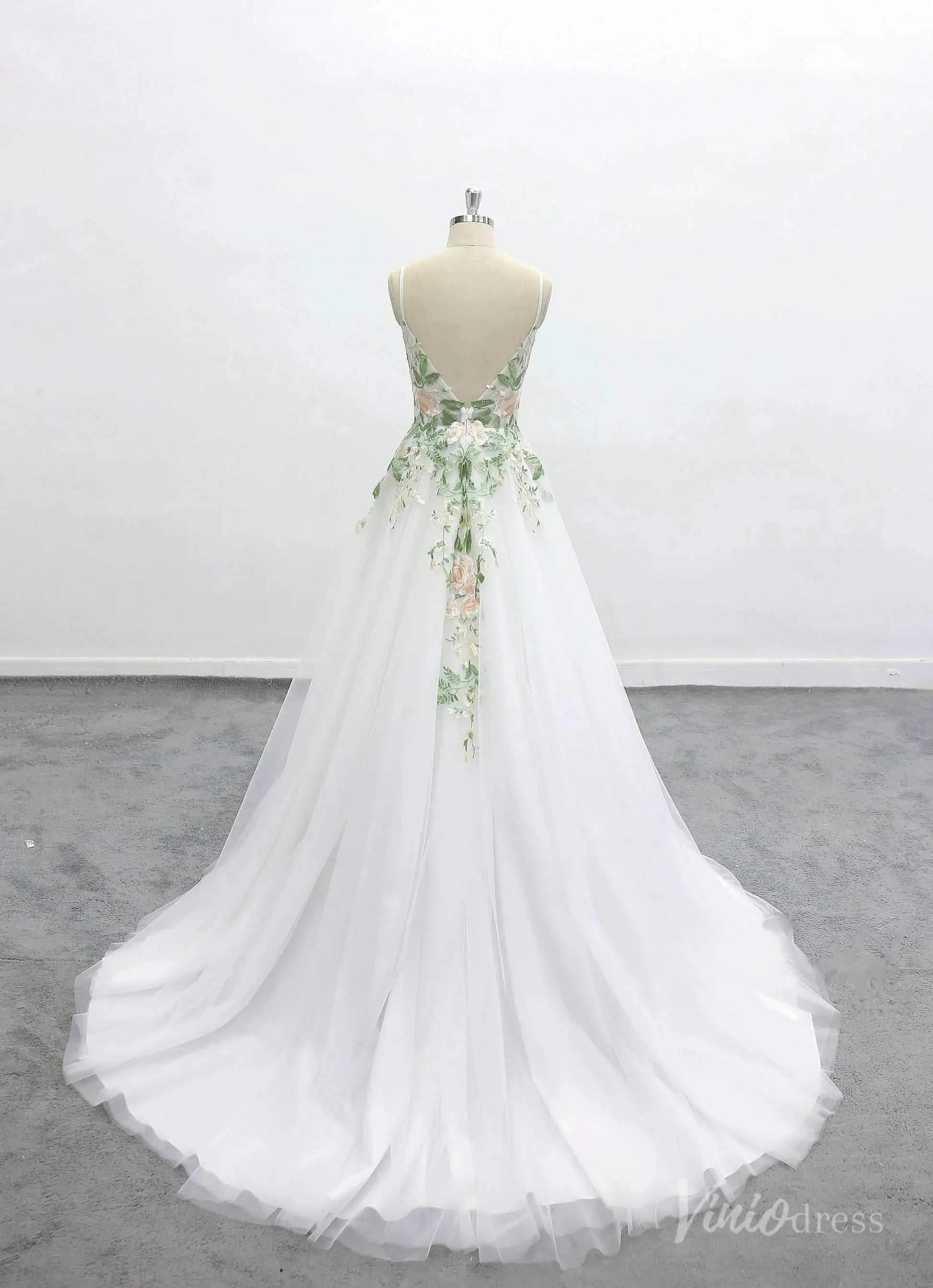 Romantic Ivory Floral Embroidered Wedding Dress with Spaghetti Straps, Sheer Bodice & Tulle A-Line Skirt – FW228-wedding dresses 2025 -Viniodress-Ivory-Custom Size-