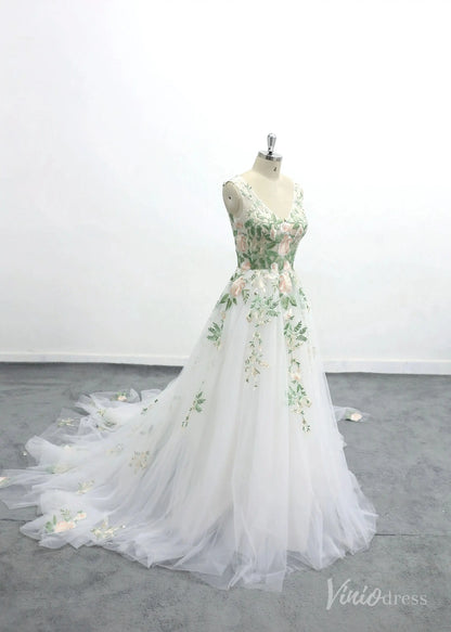 Romantic Ivory Floral Embroidered Wedding Dress with Spaghetti Straps, Sheer Bodice & Tulle A-Line Skirt – FW228-wedding dresses 2025 -Viniodress-Ivory-Custom Size-