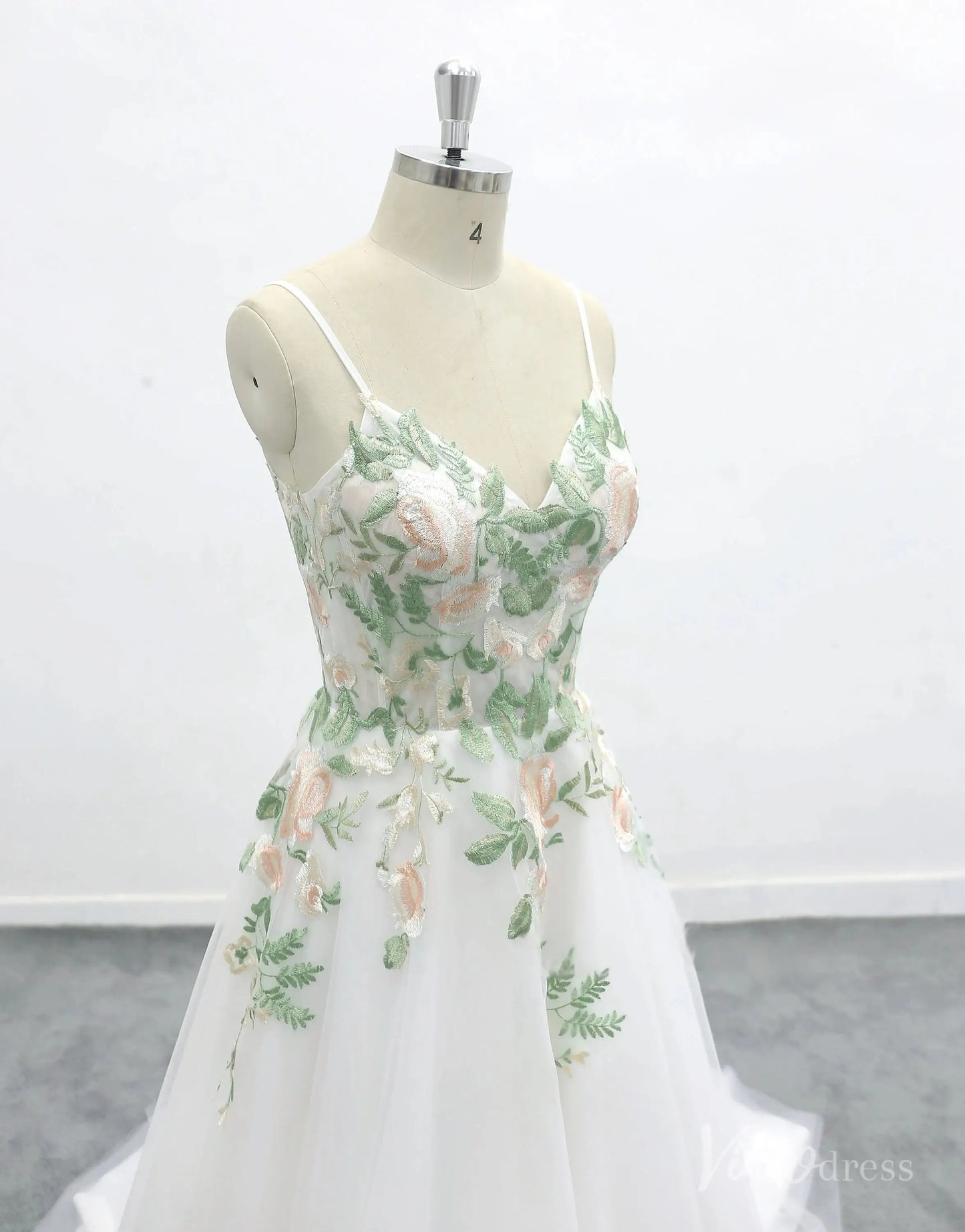 Romantic Ivory Floral Embroidered Wedding Dress with Spaghetti Straps, Sheer Bodice & Tulle A-Line Skirt – FW228-wedding dresses 2025 -Viniodress-Ivory-Custom Size-