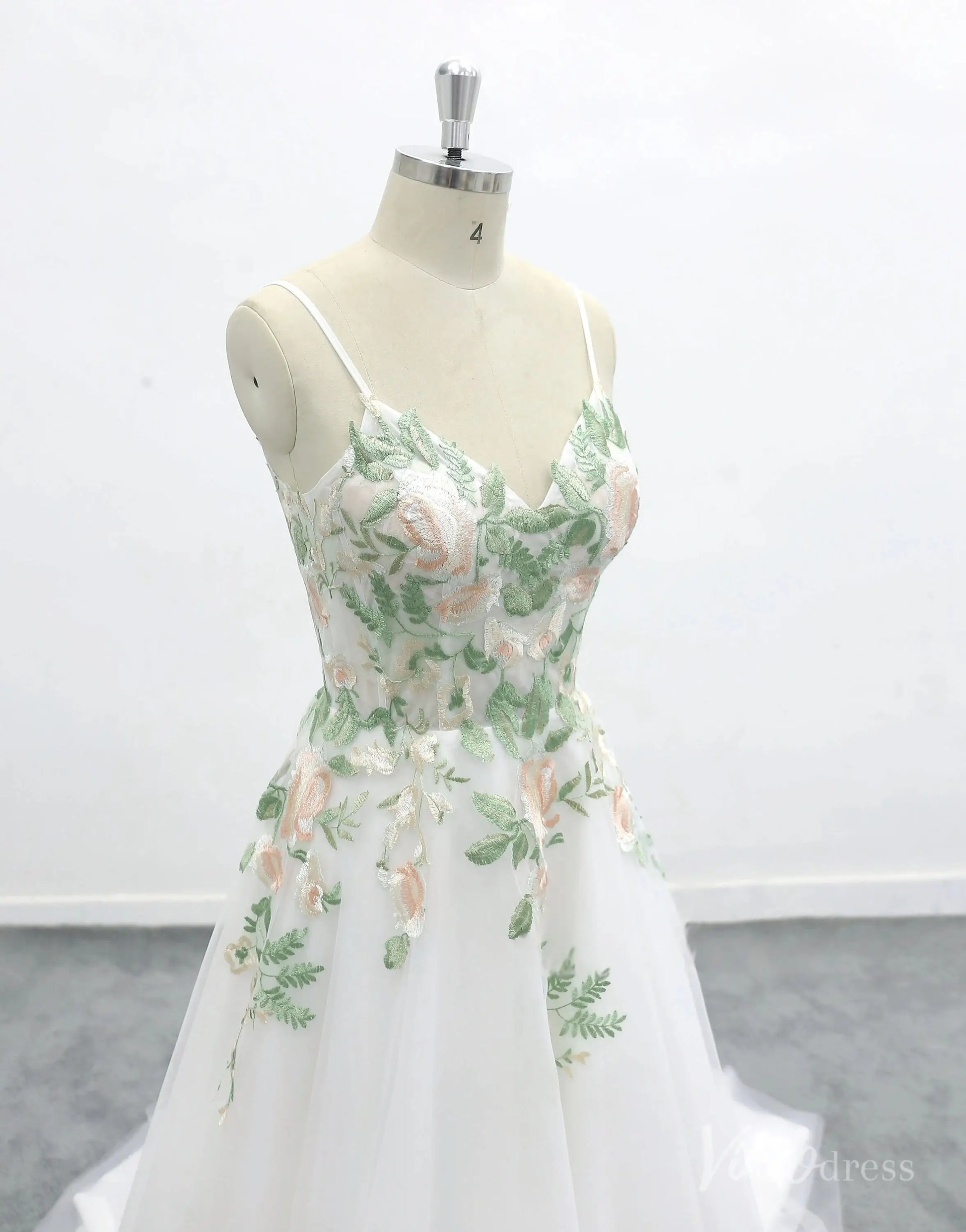 Romantic Ivory Floral Embroidered Wedding Dress with Spaghetti Straps, Sheer Bodice & Tulle A-Line Skirt – FW228-wedding dresses 2025 -Viniodress-Ivory-Custom Size-