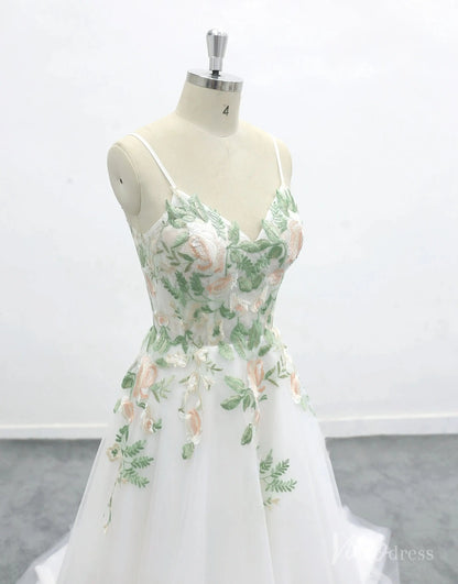 Romantic Ivory Floral Embroidered Wedding Dress with Spaghetti Straps, Sheer Bodice & Tulle A-Line Skirt – FW228-wedding dresses 2025 -Viniodress-Ivory-Custom Size-