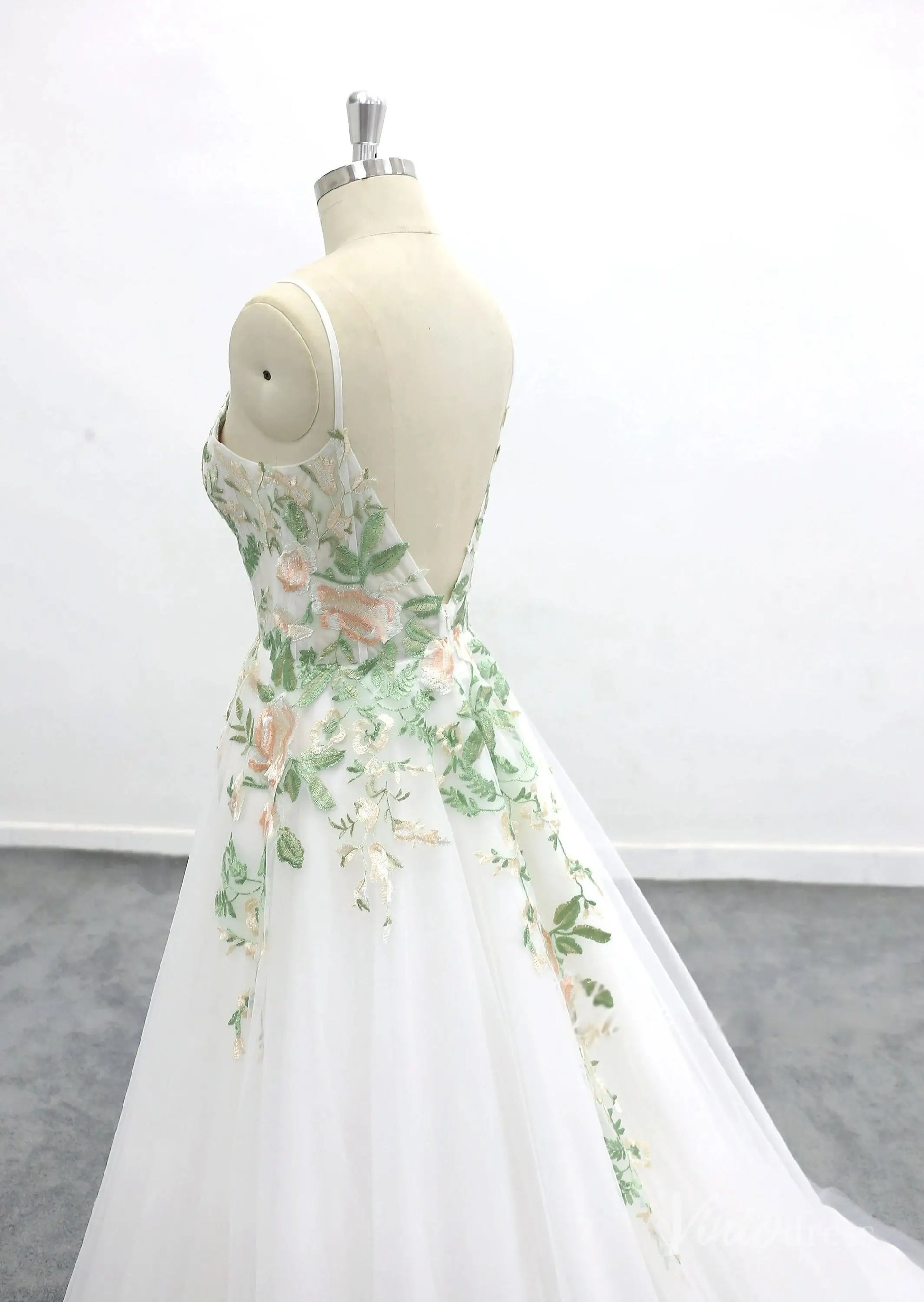 Romantic Ivory Floral Embroidered Wedding Dress with Spaghetti Straps, Sheer Bodice & Tulle A-Line Skirt – FW228-wedding dresses 2025 -Viniodress-Ivory-Custom Size-