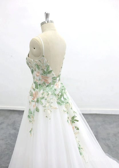 Romantic Ivory Floral Embroidered Wedding Dress with Spaghetti Straps, Sheer Bodice & Tulle A-Line Skirt – FW228-wedding dresses 2025 -Viniodress-Ivory-Custom Size-