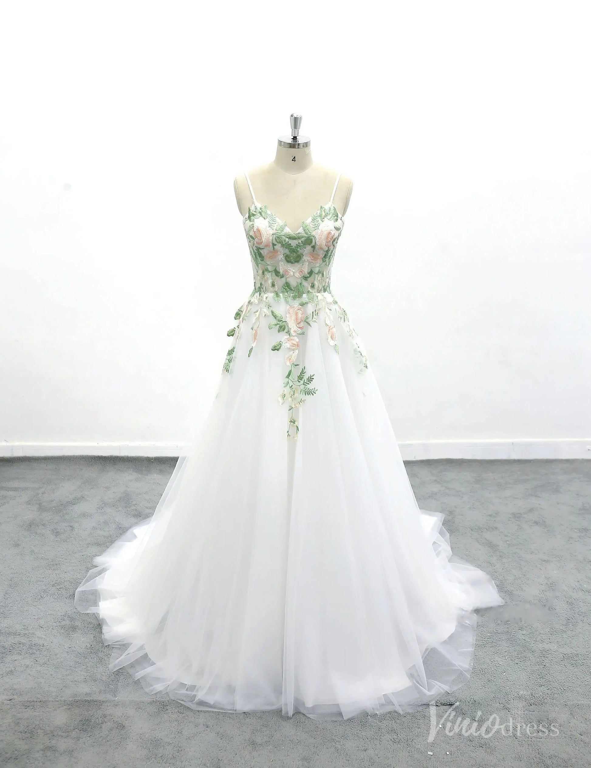 Romantic Ivory Floral Embroidered Wedding Dress with Spaghetti Straps, Sheer Bodice & Tulle A-Line Skirt – FW228-wedding dresses 2025 -Viniodress-Ivory-Custom Size-
