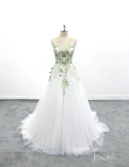 Romantic Ivory Floral Embroidered Wedding Dress with Spaghetti Straps, Sheer Bodice & Tulle A-Line Skirt – FW228-wedding dresses 2025 -Viniodress-Ivory-Custom Size-