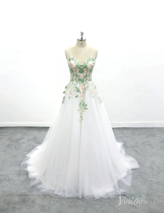 Romantic Ivory Floral Embroidered Wedding Dress with Spaghetti Straps, Sheer Bodice & Tulle A-Line Skirt – FW228-wedding dresses 2025 -Viniodress-Ivory-Custom Size-