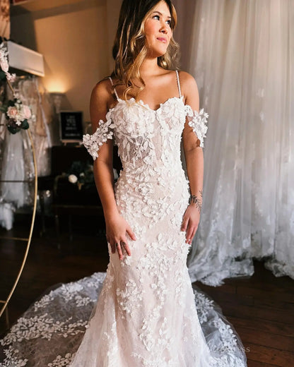 Romantic Ivory Floral Lace Mermaid Wedding Dress with Off-Shoulder Sleeves & Chapel Train – ML152-wedding dresses 2025 -Viniodress-Ivory-Custom Size-