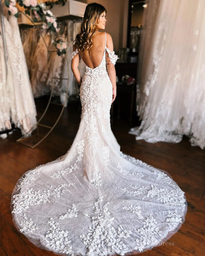 Romantic Ivory Floral Lace Mermaid Wedding Dress with Off-Shoulder Sleeves & Chapel Train – ML152-wedding dresses 2025 -Viniodress-Ivory-Custom Size-