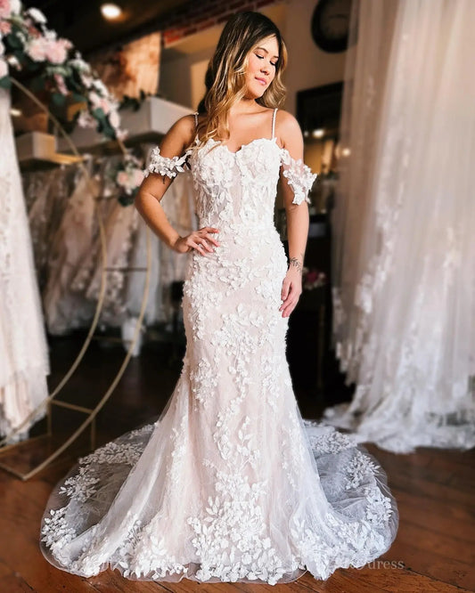 Romantic Ivory Floral Lace Mermaid Wedding Dress with Off-Shoulder Sleeves & Chapel Train – ML152-wedding dresses 2025 -Viniodress-Ivory-Custom Size-