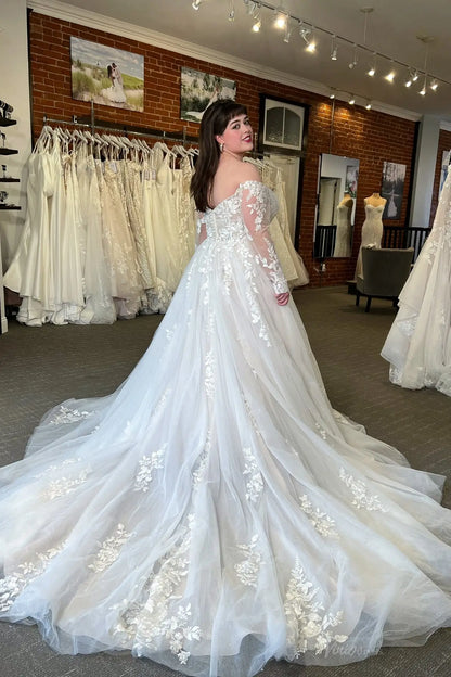 Ivory Off-Shoulder Lace A-Line Wedding Dress with Long Sleeves LA166 Viniodress Ivory Off-Shoulder Lace A-Line Wedding Dress with Long Sleeves LA166 Viniodress