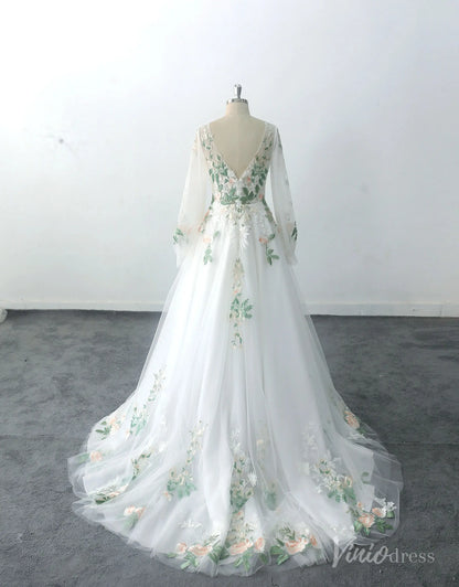 Romantic Ivory Floral Lace Wedding Dress with Long Sleeves, V-Neck Bodice, and Embroidered Skirt – FW225-wedding dresses 2025 -Viniodress-Ivory-Custom Size-