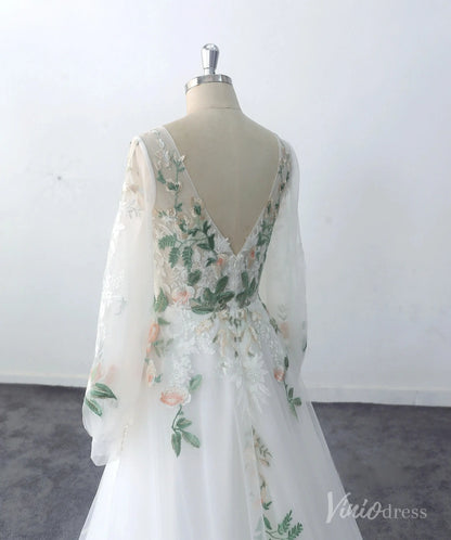 Romantic Ivory Floral Lace Wedding Dress with Long Sleeves, V-Neck Bodice, and Embroidered Skirt – FW225-wedding dresses 2025 -Viniodress-Ivory-Custom Size-