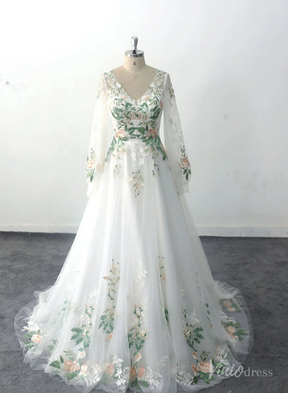 Romantic Ivory Floral Lace Wedding Dress with Long Sleeves, V-Neck Bodice, and Embroidered Skirt – FW225-wedding dresses 2025 -Viniodress-Ivory-Custom Size-