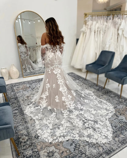 Romantic Ivory Floral Mermaid Wedding Dress with Sweetheart Neckline, Detachable Puff Sleeves & Chapel Train – ML155-wedding dresses 2025 -Viniodress-Ivory-Custom Size-