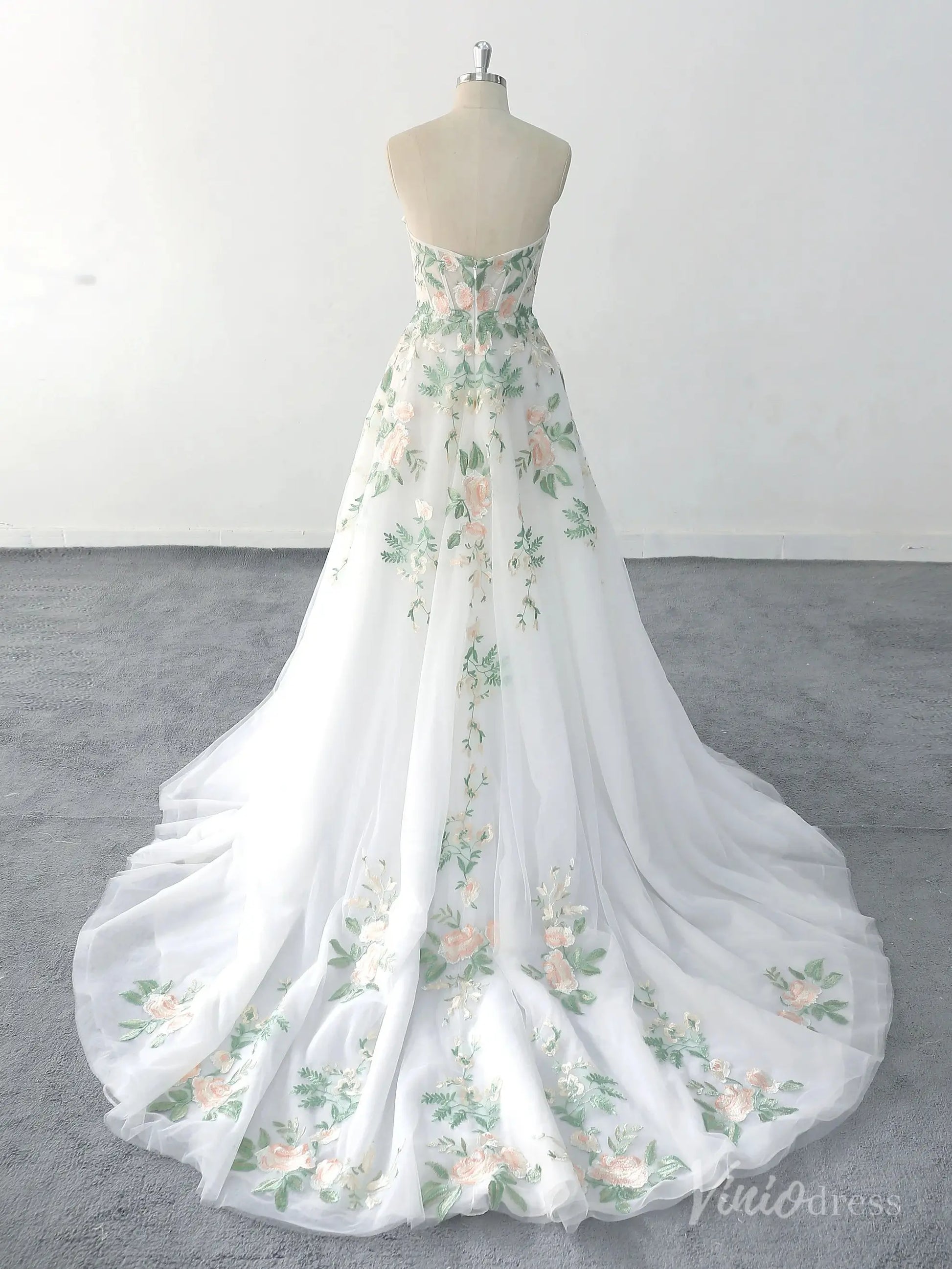 Romantic Ivory Floral Strapless Wedding Dress with Pastel Embroidery and Chapel Train – FW222-wedding dresses 2025 -Viniodress-Ivory-Custom Size-